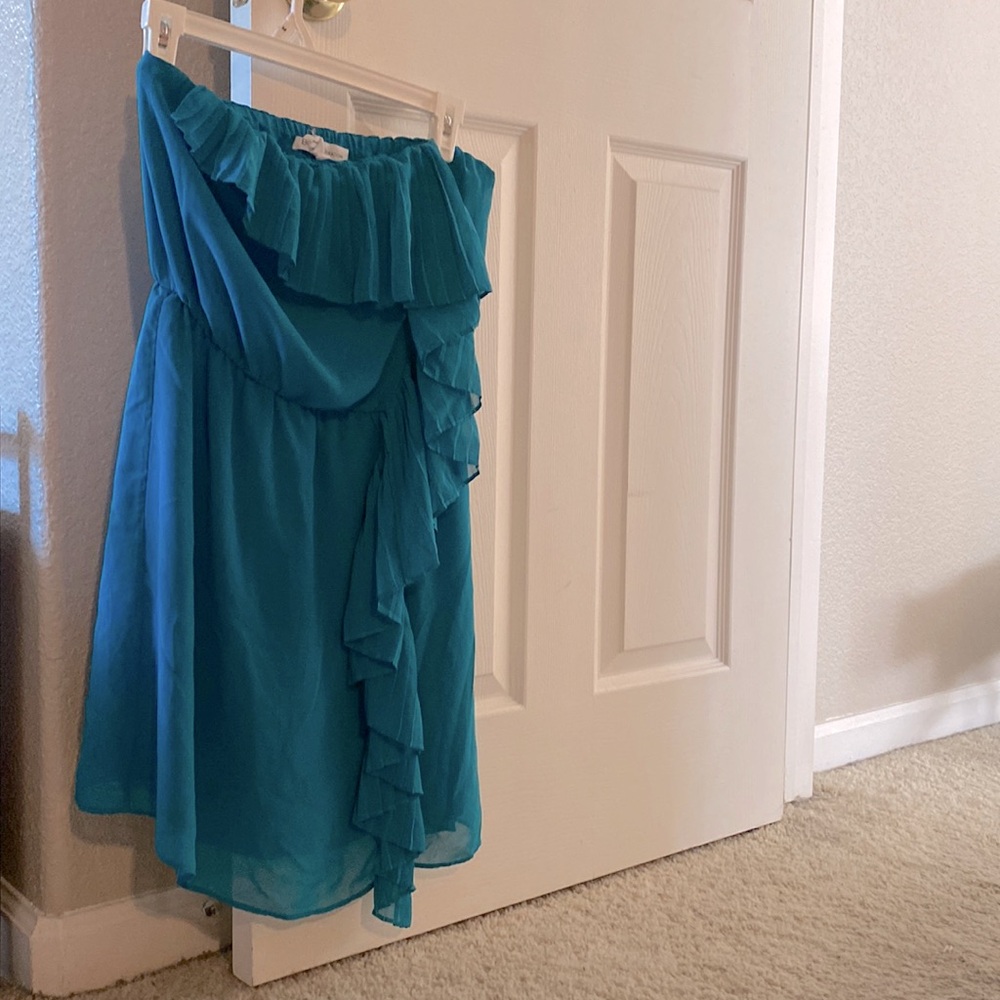 Teal/aqua strapless dress